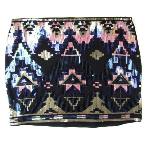 SALE! Aztec Sequin Black Gold Short Mini Skirt - Picture 2 of 3